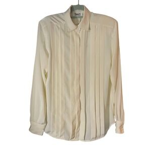 1980s Christian Dior Pleated Front Blouse Chemise Ivory Secretary Women's Size 6